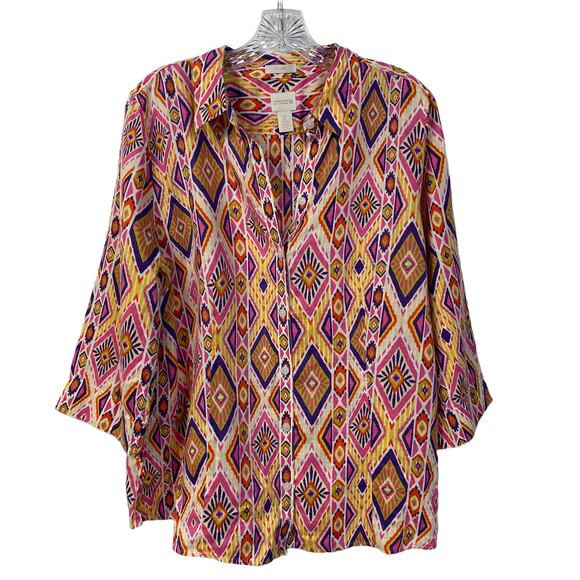 CHICO'S 2 100% Linen No-Iron Shirt Pattern Print Back Button Detail 3/4 Sleeves - Picture 10 of 10